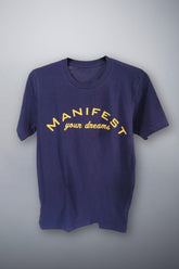 Navy Tee Gold Logo Manifest Your Dreams Shirt