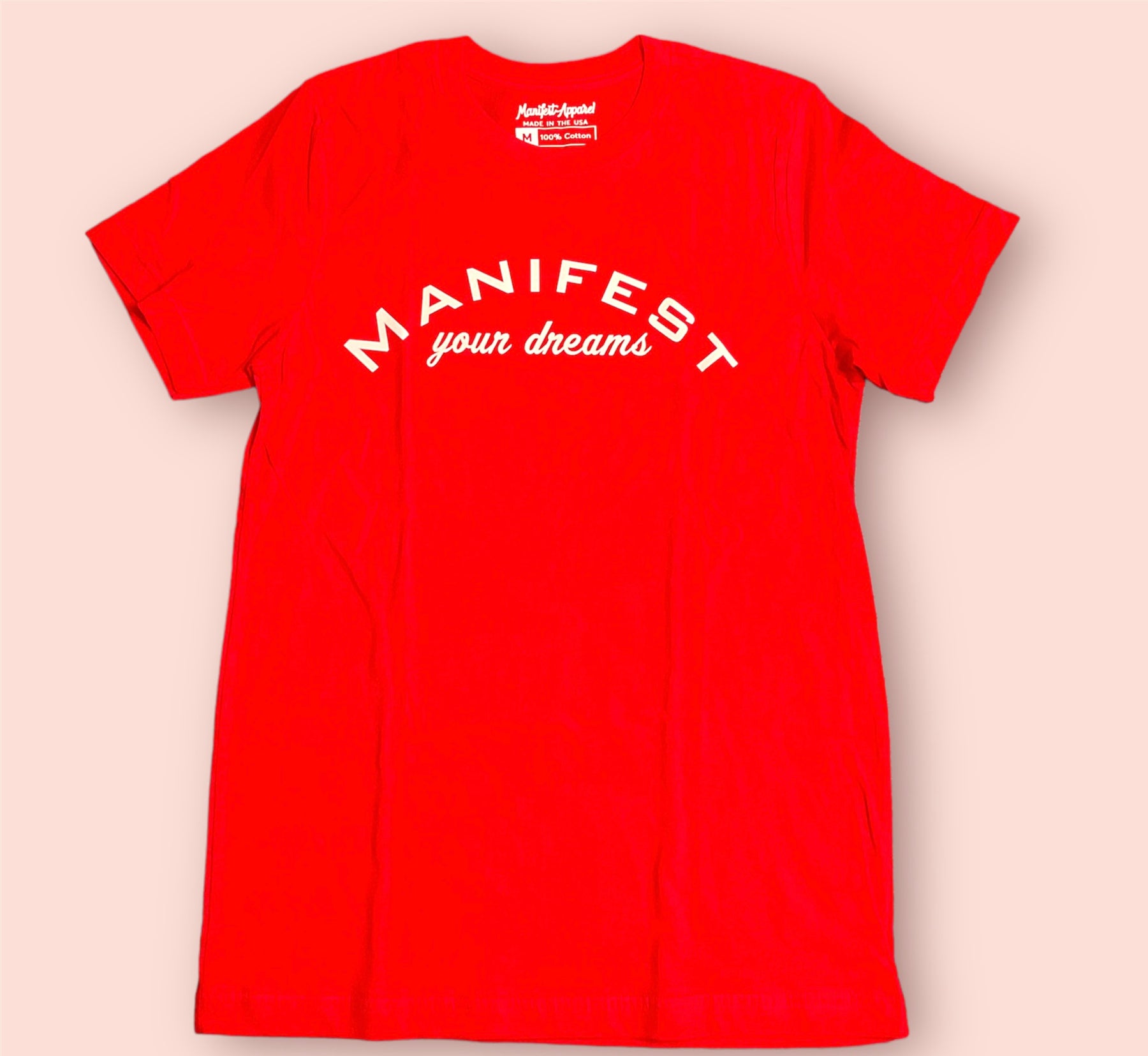 Red and White Logo Manifest Your Dreams Shirt