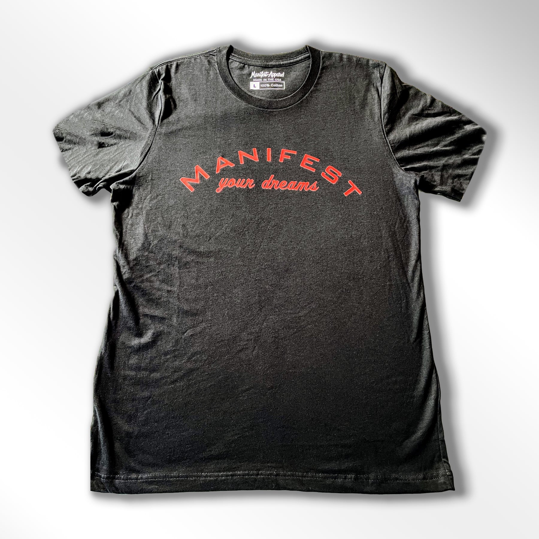 Black and Red Logo Manifest Your Dreams Shirt